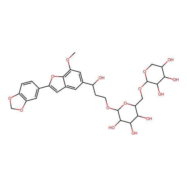 2D Structure of 2-[3-[2-(1,3-Benzodioxol-5-yl)-7-methoxy-1-benzofuran-5-yl]-3-hydroxypropoxy]-6-[(3,4,5-trihydroxyoxan-2-yl)oxymethyl]oxane-3,4,5-triol