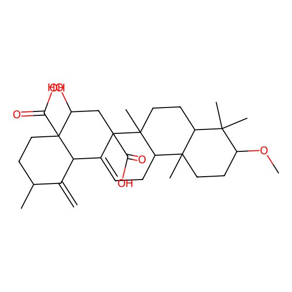 2D Structure of (2R,4aR,5R,6aR,6aR,6bR,8aR,10S,12aR,14bS)-5-hydroxy-10-methoxy-2,6b,9,9,12a-pentamethyl-1-methylidene-2,3,4,5,6,6a,7,8,8a,10,11,12,13,14b-tetradecahydropicene-4a,6a-dicarboxylic acid 2D Structure of (2R,4aR,5R,6aR,6aR,6bR,8aR,10S,12aR,14bS)-5-hydroxy-10-methoxy-2,6b,9,9,12a-pentamethyl-1-methylidene-2,3,4,5,6,6a,7,8,8a,10,11,12,13,14b-tetradecahydropicene-4a,6a-dicarboxylic acid