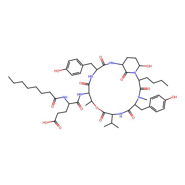 2D Structure of (4S)-5-[[(2S,5S,8S,11R,12S,15S,18S,21R)-2-butyl-21-hydroxy-5,15-bis[(4-hydroxyphenyl)methyl]-4,11-dimethyl-3,6,9,13,16,22-hexaoxo-8-propan-2-yl-10-oxa-1,4,7,14,17-pentazabicyclo[16.3.1]docosan-12-yl]amino]-4-(octanoylamino)-5-oxopentanoic acid
