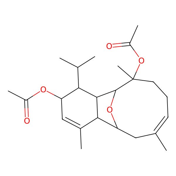 2D Structure of [(1R,2R,3R,4S,7R,8R,10Z,14R)-14-acetyloxy-6,10,14-trimethyl-3-propan-2-yl-15-oxatricyclo[6.6.1.02,7]pentadeca-5,10-dien-4-yl] acetate