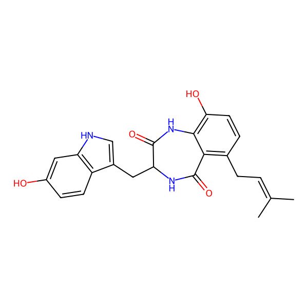 2D Structure of 9-hydroxy-3-[(6-hydroxy-1H-indol-3-yl)methyl]-6-(3-methylbut-2-enyl)-3,4-dihydro-1H-1,4-benzodiazepine-2,5-dione