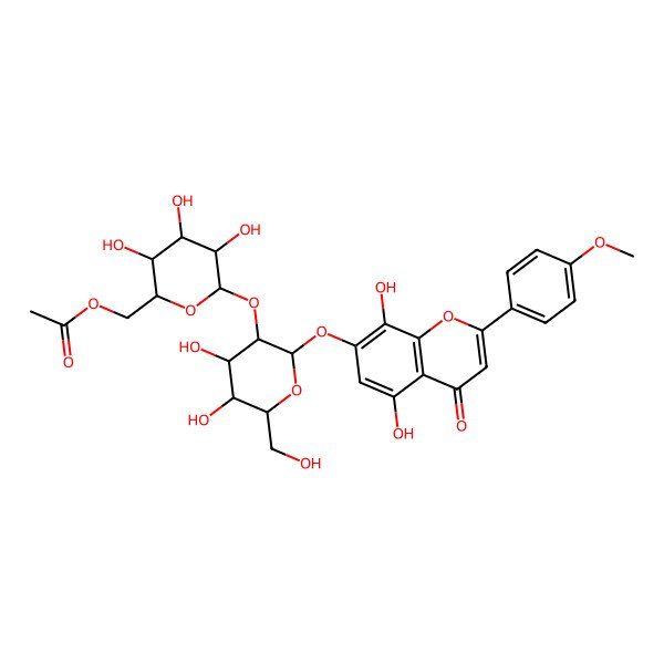 2D Structure of [(2R,3S,4R,5R,6R)-6-[(2R,3R,4S,5S,6R)-2-[5,8-dihydroxy-2-(4-methoxyphenyl)-4-oxochromen-7-yl]oxy-4,5-dihydroxy-6-(hydroxymethyl)oxan-3-yl]oxy-3,4,5-trihydroxyoxan-2-yl]methyl acetate