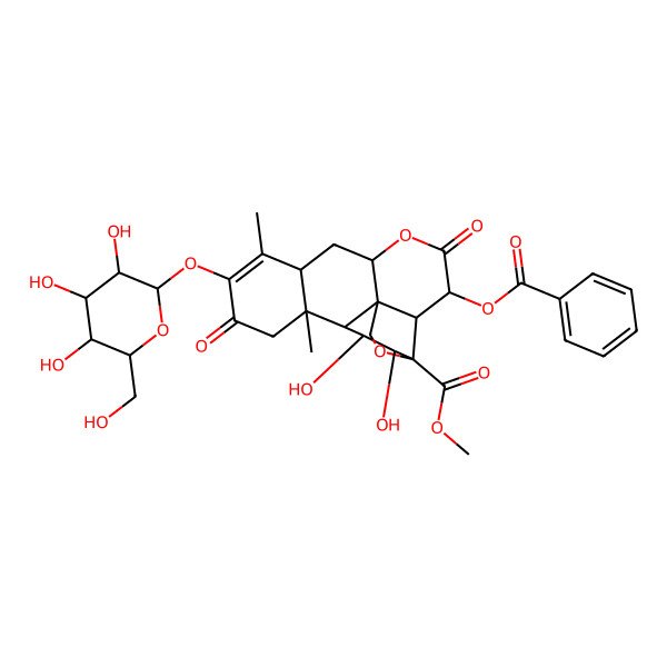 2D Structure of methyl (1R,2S,3R,6R,8R,13S,14R,15R,16S,17S)-3-benzoyloxy-15,16-dihydroxy-9,13-dimethyl-4,11-dioxo-10-[(2R,3R,4S,5S,6R)-3,4,5-trihydroxy-6-(hydroxymethyl)oxan-2-yl]oxy-5,18-dioxapentacyclo[12.5.0.01,6.02,17.08,13]nonadec-9-ene-17-carboxylate
