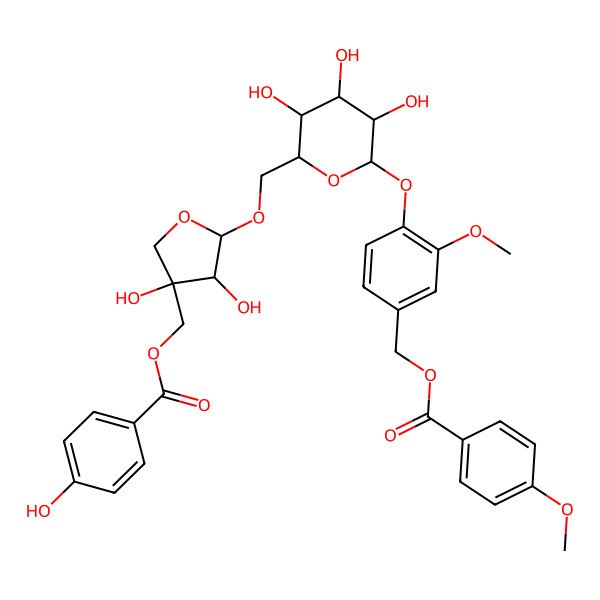 2D Structure of [3,4-Dihydroxy-5-[[3,4,5-trihydroxy-6-[2-methoxy-4-[(4-methoxybenzoyl)oxymethyl]phenoxy]oxan-2-yl]methoxy]oxolan-3-yl]methyl 4-hydroxybenzoate