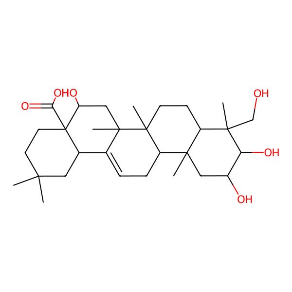 2D Structure of (4aR,6aR,6aS,6bR,8aR,9R,12aR,14bS)-5,10,11-trihydroxy-9-(hydroxymethyl)-2,2,6a,6b,9,12a-hexamethyl-1,3,4,5,6,6a,7,8,8a,10,11,12,13,14b-tetradecahydropicene-4a-carboxylic acid