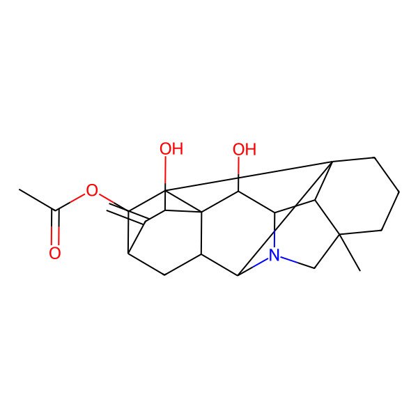 2D Structure of [(1S,5R,8R,9S,11R,13R,14S,15S,16R,17R,18S,19R)-13,15-dihydroxy-5-methyl-12-methylidene-7-azaheptacyclo[9.6.2.01,8.05,17.07,16.09,14.014,18]nonadecan-19-yl] acetate