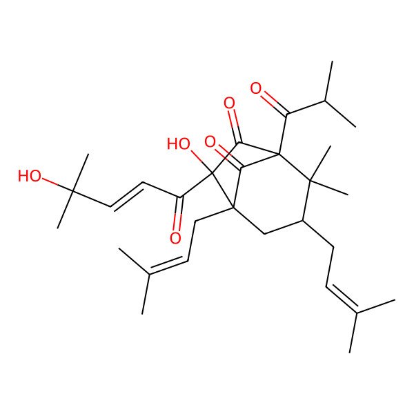 2D Structure of (1S,3R,5R,7S)-7-hydroxy-7-[(Z)-4-hydroxy-4-methylpent-2-enoyl]-4,4-dimethyl-1,3-bis(3-methylbut-2-enyl)-5-(2-methylpropanoyl)bicyclo[3.2.1]octane-6,8-dione