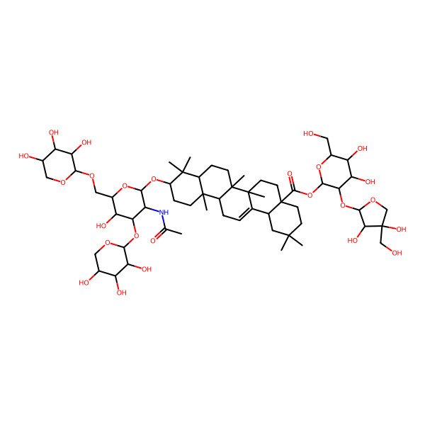 2D Structure of [(2S,3R,4S,5S,6R)-3-[(2S,3R,4R)-3,4-dihydroxy-4-(hydroxymethyl)oxolan-2-yl]oxy-4,5-dihydroxy-6-(hydroxymethyl)oxan-2-yl] (4aS,6aR,6aS,6bR,8aR,10S,12aR,14bS)-10-[(2R,3R,4R,5S,6R)-3-acetamido-5-hydroxy-4-[(2S,3R,4S,5R)-3,4,5-trihydroxyoxan-2-yl]oxy-6-[[(2R,3R,4R,5R)-3,4,5-trihydroxyoxan-2-yl]oxymethyl]oxan-2-yl]oxy-2,2,6a,6b,9,9,12a-heptamethyl-1,3,4,5,6,6a,7,8,8a,10,11,12,13,14b-tetradecahydropicene-4a-carboxylate