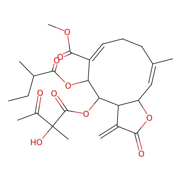 2D Structure of methyl (3aS,4S,5S,6E,10Z,11aR)-4-[(2S)-2-hydroxy-2-methyl-3-oxobutanoyl]oxy-10-methyl-5-[(2R)-2-methylbutanoyl]oxy-3-methylidene-2-oxo-3a,4,5,8,9,11a-hexahydrocyclodeca[b]furan-6-carboxylate