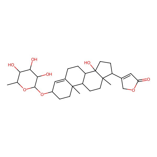 2D Structure of 3-[14-hydroxy-10,13-dimethyl-3-(3,4,5-trihydroxy-6-methyloxan-2-yl)oxy-1,2,3,6,7,8,9,11,12,15,16,17-dodecahydrocyclopenta[a]phenanthren-17-yl]-2H-furan-5-one