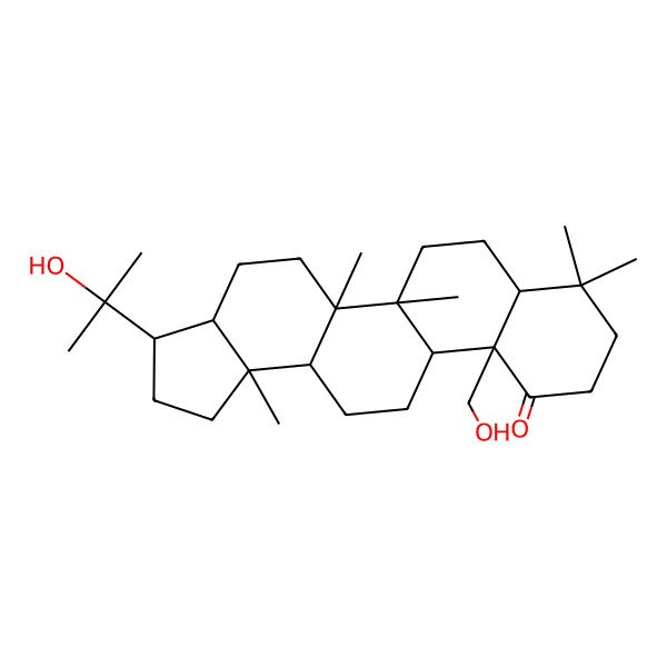 2D Structure of (3S,3aS,5aR,5bR,7aS,11aS,11bS,13aR,13bS)-11a-(hydroxymethyl)-3-(2-hydroxypropan-2-yl)-5a,5b,8,8,13b-pentamethyl-2,3,3a,4,5,6,7,7a,9,10,11b,12,13,13a-tetradecahydro-1H-cyclopenta[a]chrysen-11-one