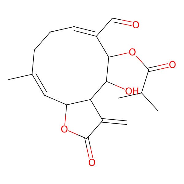 2D Structure of [(3aR,4S,5S,6E,10E,11aR)-6-formyl-4-hydroxy-10-methyl-3-methylidene-2-oxo-3a,4,5,8,9,11a-hexahydrocyclodeca[b]furan-5-yl] 2-methylpropanoate