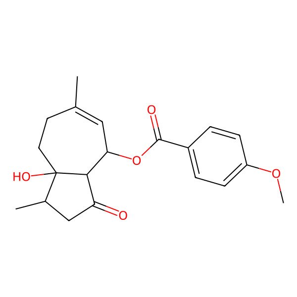 2D Structure of (8a-Hydroxy-1,6-dimethyl-3-oxo-1,2,3a,4,7,8-hexahydroazulen-4-yl) 4-methoxybenzoate 2D Structure of (8a-Hydroxy-1,6-dimethyl-3-oxo-1,2,3a,4,7,8-hexahydroazulen-4-yl) 4-methoxybenzoate