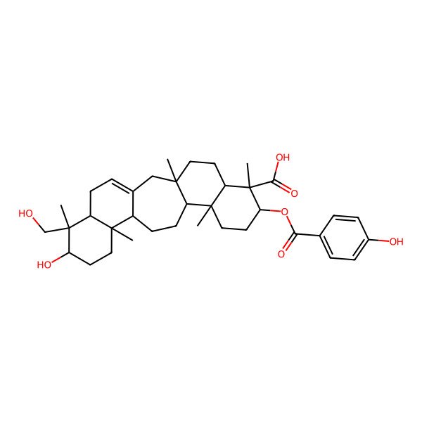 2D Structure of 19-Hydroxy-8-(4-hydroxybenzoyl)oxy-20-(hydroxymethyl)-3,7,11,16,20-pentamethylpentacyclo[13.8.0.03,12.06,11.016,21]tricos-1(23)-ene-7-carboxylic acid