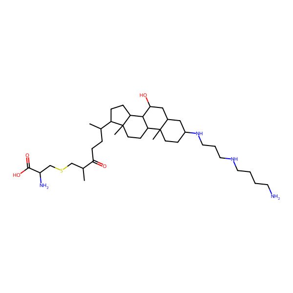 2D Structure of (2R)-2-amino-3-[(2S,6R)-6-[(3S,5R,7R,8R,9S,10S,13R,14S,17R)-3-[3-(4-aminobutylamino)propylamino]-7-hydroxy-10,13-dimethyl-2,3,4,5,6,7,8,9,11,12,14,15,16,17-tetradecahydro-1H-cyclopenta[a]phenanthren-17-yl]-2-methyl-3-oxoheptyl]sulfanylpropanoic acid
