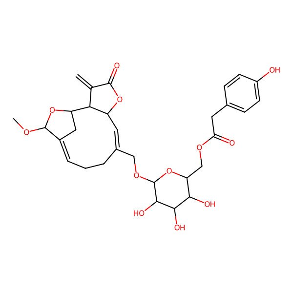 2D Structure of [3,4,5-Trihydroxy-6-[(13-methoxy-3-methylidene-4-oxo-5,14-dioxatricyclo[10.2.1.02,6]pentadeca-7,11-dien-8-yl)methoxy]oxan-2-yl]methyl 2-(4-hydroxyphenyl)acetate