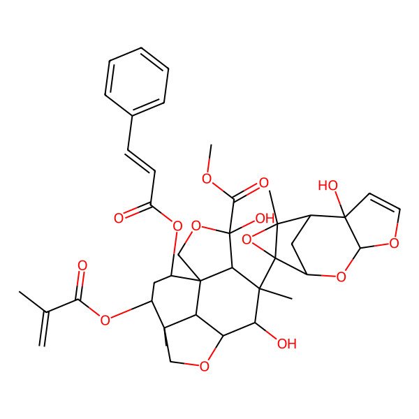 2D Structure of methyl (4S,5R,6S,7S,8R,11R,12R,14S,15S)-4,7-dihydroxy-6-[(1S,2R,6S,9R,11S)-2-hydroxy-11-methyl-5,7,10-trioxatetracyclo[6.3.1.02,6.09,11]dodec-3-en-9-yl]-6,11-dimethyl-12-(2-methylprop-2-enoyloxy)-14-[(E)-3-phenylprop-2-enoyl]oxy-3,9-dioxatetracyclo[6.6.1.01,5.011,15]pentadecane-4-carboxylate