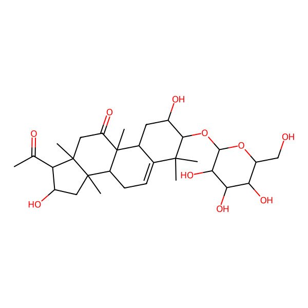 2D Structure of (2S,3S,8S,9R,10R,13R,14S,16R,17R)-17-acetyl-2,16-dihydroxy-4,4,9,13,14-pentamethyl-3-[(2R,3R,4S,5S,6R)-3,4,5-trihydroxy-6-(hydroxymethyl)oxan-2-yl]oxy-1,2,3,7,8,10,12,15,16,17-decahydrocyclopenta[a]phenanthren-11-one