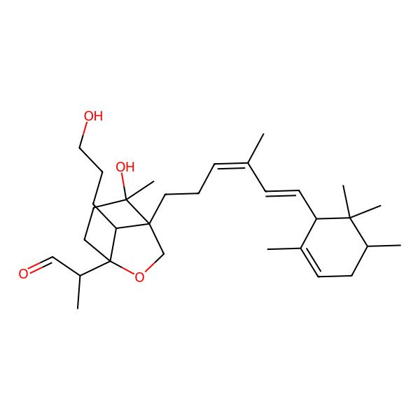 2D Structure of 2-[2-Hydroxy-8-(3-hydroxypropyl)-2-methyl-1-[4-methyl-6-(2,5,6,6-tetramethylcyclohex-2-en-1-yl)hexa-3,5-dienyl]-6-oxabicyclo[3.2.1]octan-5-yl]propanal