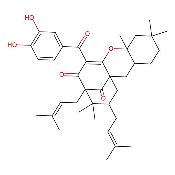 2D Structure of (1R,3S,8S,13S,15S)-11-(3,4-dihydroxybenzoyl)-6,6,8,14,14-pentamethyl-13,15-bis(3-methylbut-2-enyl)-9-oxatetracyclo[11.3.1.01,10.03,8]heptadec-10-ene-12,17-dione