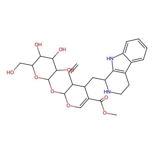 2D Structure of methyl (2S,3R,4R)-3-ethenyl-4-[[(1S)-2,3,4,9-tetrahydro-1H-pyrido[3,4-b]indol-1-yl]methyl]-2-[(2S,3R,4S,5S,6R)-3,4,5-trihydroxy-6-(hydroxymethyl)oxan-2-yl]oxy-3,4-dihydro-2H-pyran-5-carboxylate