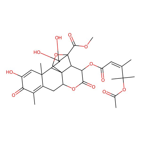2D Structure of Methyl 3-(4-acetyloxy-3,4-dimethylpent-2-enoyl)oxy-11,15,16-trihydroxy-9,13-dimethyl-4,10-dioxo-5,18-dioxapentacyclo[12.5.0.01,6.02,17.08,13]nonadeca-8,11-diene-17-carboxylate