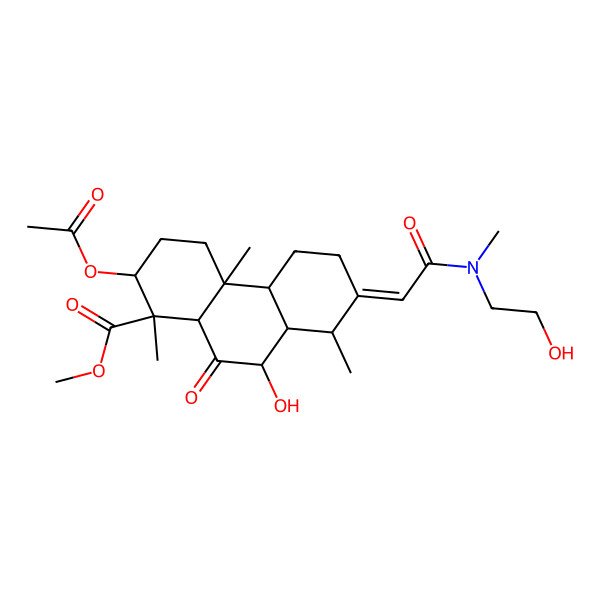 2D Structure of Methyl 2-acetyloxy-9-hydroxy-7-[2-[2-hydroxyethyl(methyl)amino]-2-oxoethylidene]-1,4a,8-trimethyl-10-oxo-2,3,4,4b,5,6,8,8a,9,10a-decahydrophenanthrene-1-carboxylate