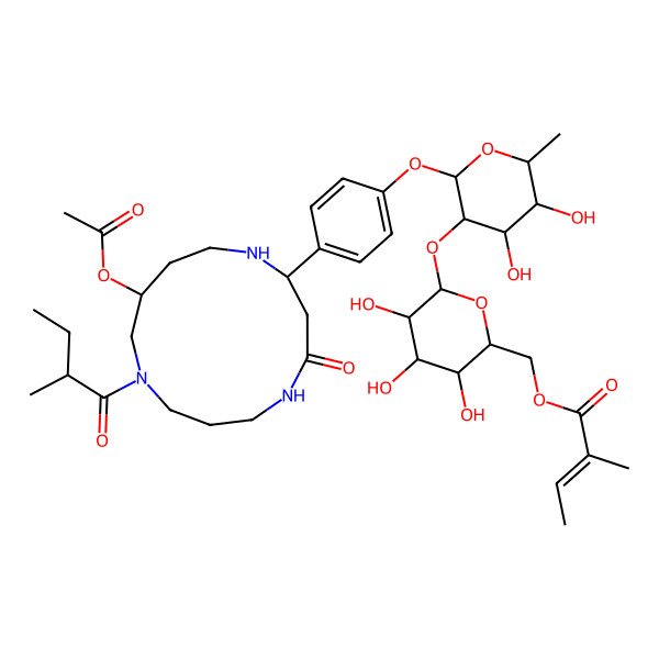 2D Structure of [(2R,3S,4S,5R,6S)-6-[(2S,3R,4R,5R,6S)-2-[4-[(2S,11S)-11-acetyloxy-9-[(2S)-2-methylbutanoyl]-4-oxo-1,5,9-triazacyclotridec-2-yl]phenoxy]-4,5-dihydroxy-6-methyloxan-3-yl]oxy-3,4,5-trihydroxyoxan-2-yl]methyl (E)-2-methylbut-2-enoate