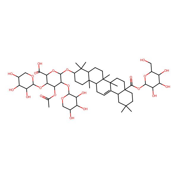 2D Structure of (2S,3S,4S,5R,6R)-6-[[(3S,4aR,6aR,6bS,8aS,12aS,14aR,14bR)-4,4,6a,6b,11,11,14b-heptamethyl-8a-[(2S,3R,4S,5S,6R)-3,4,5-trihydroxy-6-(hydroxymethyl)oxan-2-yl]oxycarbonyl-1,2,3,4a,5,6,7,8,9,10,12,12a,14,14a-tetradecahydropicen-3-yl]oxy]-4-acetyloxy-3,5-bis[[(2S,3R,4S,5R)-3,4,5-trihydroxyoxan-2-yl]oxy]oxane-2-carboxylic acid