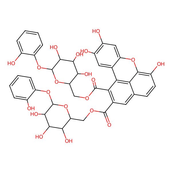 2D Structure of Bis[[3,4,5-trihydroxy-6-(2-hydroxyphenoxy)oxan-2-yl]methyl] 4,5,10-trihydroxy-8-oxatetracyclo[7.7.1.02,7.013,17]heptadeca-1(17),2,4,6,9,11,13,15-octaene-15,16-dicarboxylate