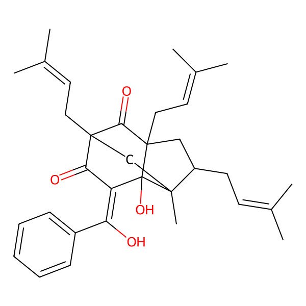2D Structure of (1R,3R,5R,6S,7R,8Z)-7-hydroxy-8-[hydroxy(phenyl)methylidene]-6-methyl-1,3,5-tris(3-methylbut-2-enyl)tricyclo[4.3.1.03,7]decane-2,9-dione