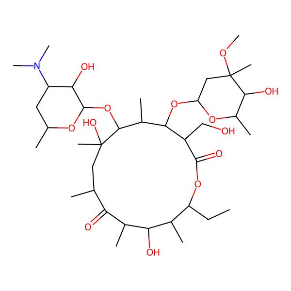 2D Structure of (3R,4S,5S,6R,7R,9R,11R,12S,13R,14R)-6-[4-(dimethylamino)-3-hydroxy-6-methyloxan-2-yl]oxy-14-ethyl-7,12-dihydroxy-4-(5-hydroxy-4-methoxy-4,6-dimethyloxan-2-yl)oxy-3-(hydroxymethyl)-5,7,9,11,13-pentamethyl-oxacyclotetradecane-2,10-dione