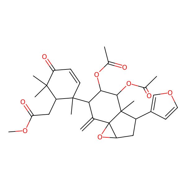2D Structure of methyl 2-[(1R,2S)-2-[(1aR,3S,3aR,4R,5R,6R,7aS)-4,5-diacetyloxy-3-(furan-3-yl)-3a-methyl-7-methylidene-1a,2,3,4,5,6-hexahydroindeno[1,7a-b]oxiren-6-yl]-2,6,6-trimethyl-5-oxocyclohex-3-en-1-yl]acetate