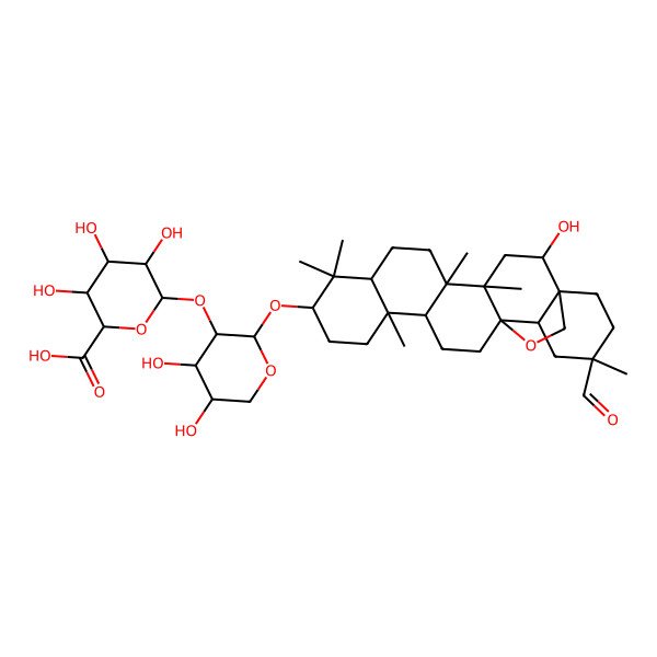 2D Structure of (2S,3S,4S,5R,6R)-6-[(2S,3R,4S,5R)-2-[[(1S,2R,4S,5R,8R,10S,13R,14R,17S,18R,20S)-20-formyl-2-hydroxy-4,5,9,9,13,20-hexamethyl-24-oxahexacyclo[15.5.2.01,18.04,17.05,14.08,13]tetracosan-10-yl]oxy]-4,5-dihydroxyoxan-3-yl]oxy-3,4,5-trihydroxyoxane-2-carboxylic acid