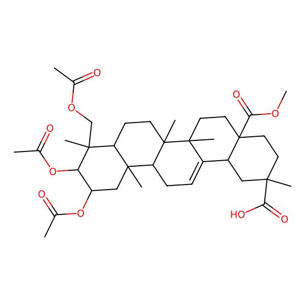 2D Structure of (2S,4aR,6aR,6aS,6bR,8aR,9R,10R,11S,12aR,14bS)-10,11-diacetyloxy-9-(acetyloxymethyl)-4a-methoxycarbonyl-2,6a,6b,9,12a-pentamethyl-1,3,4,5,6,6a,7,8,8a,10,11,12,13,14b-tetradecahydropicene-2-carboxylic acid