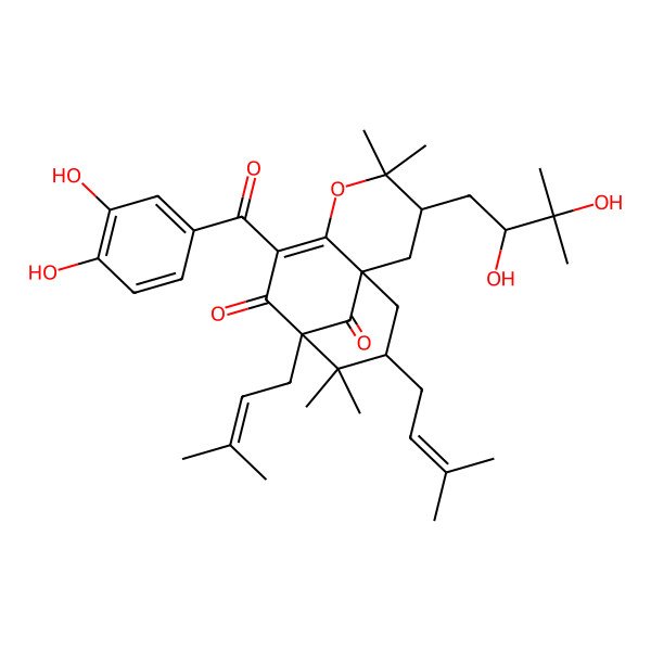 2D Structure of (1S,3R,9R,11S)-7-(3,4-dihydroxybenzoyl)-3-[(2S)-2,3-dihydroxy-3-methylbutyl]-4,4,10,10-tetramethyl-9,11-bis(3-methylbut-2-enyl)-5-oxatricyclo[7.3.1.01,6]tridec-6-ene-8,13-dione