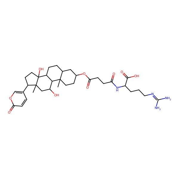 2D Structure of 5-(Diaminomethylideneamino)-2-[[4-[[11,14-dihydroxy-10,13-dimethyl-17-(6-oxopyran-3-yl)-1,2,3,4,5,6,7,8,9,11,12,15,16,17-tetradecahydrocyclopenta[a]phenanthren-3-yl]oxy]-4-oxobutanoyl]amino]pentanoic acid