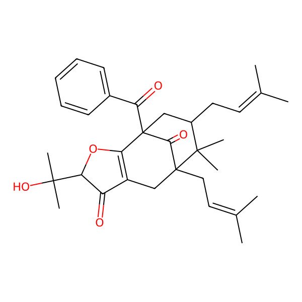 2D Structure of (1S,4R,8S,10S)-1-benzoyl-4-(2-hydroxypropan-2-yl)-9,9-dimethyl-8,10-bis(3-methylbut-2-enyl)-3-oxatricyclo[6.3.1.02,6]dodec-2(6)-ene-5,12-dione