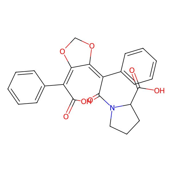 2D Structure of (2S)-1-[(2E)-2-[(5E)-5-[carboxy(phenyl)methylidene]-1,3-dioxolan-4-ylidene]-2-phenylacetyl]pyrrolidine-2-carboxylic acid