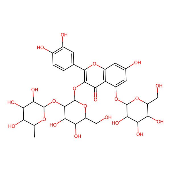 2D Structure of 3-[4,5-Dihydroxy-6-(hydroxymethyl)-3-(3,4,5-trihydroxy-6-methyloxan-2-yl)oxyoxan-2-yl]oxy-2-(3,4-dihydroxyphenyl)-7-hydroxy-5-[3,4,5-trihydroxy-6-(hydroxymethyl)oxan-2-yl]oxychromen-4-one
