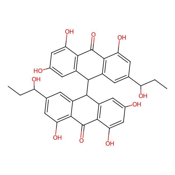 2D Structure of (10R)-1,3,8-trihydroxy-6-[(1S)-1-hydroxypropyl]-10-[(9S)-2,4,5-trihydroxy-7-[(1S)-1-hydroxypropyl]-10-oxo-9H-anthracen-9-yl]-10H-anthracen-9-one