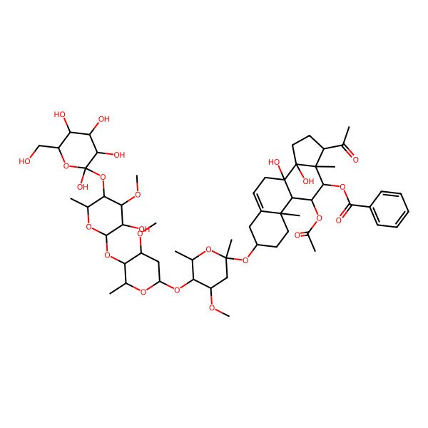 2D Structure of [(3S,8S,10R,11S,12S,13S,14R,17R)-17-acetyl-11-acetyloxy-8,14-dihydroxy-3-[5-[5-[3-hydroxy-4-methoxy-6-methyl-5-[(2R,3S,5S)-2,3,4,5-tetrahydroxy-6-(hydroxymethyl)oxan-2-yl]oxyoxan-2-yl]oxy-4-methoxy-6-methyloxan-2-yl]oxy-4-methoxy-2,6-dimethyloxan-2-yl]oxy-10,13-dimethyl-2,3,4,7,9,11,12,15,16,17-decahydro-1H-cyclopenta[a]phenanthren-12-yl] benzoate