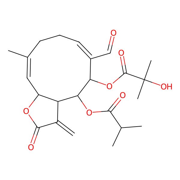 2D Structure of [(3aR,4S,5S,6E,10E,11aS)-6-formyl-10-methyl-3-methylidene-4-(2-methylpropanoyloxy)-2-oxo-3a,4,5,8,9,11a-hexahydrocyclodeca[b]furan-5-yl] 2-hydroxy-2-methylpropanoate