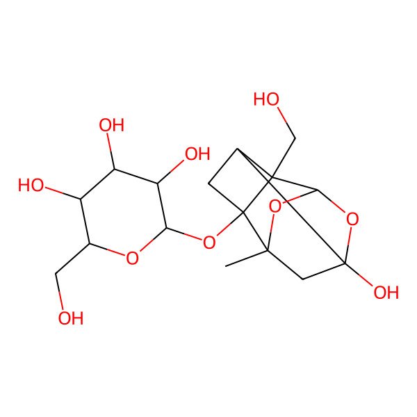 2D Structure of 2-[[6-Hydroxy-2-(hydroxymethyl)-8-methyl-9,10-dioxatetracyclo[4.3.1.02,5.03,8]decan-3-yl]oxy]-6-(hydroxymethyl)tetrahydropyran-3,4,5-triol