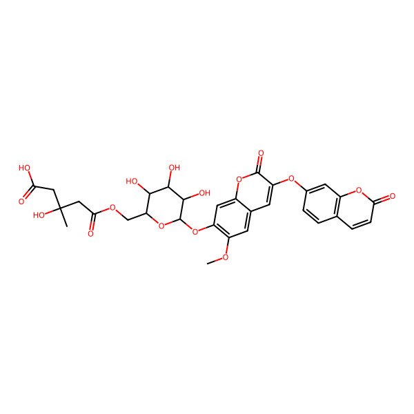 2D Structure of (3S)-3-hydroxy-3-methyl-5-oxo-5-[[(2R,3S,4S,5R,6S)-3,4,5-trihydroxy-6-[6-methoxy-2-oxo-3-(2-oxochromen-7-yl)oxychromen-7-yl]oxyoxan-2-yl]methoxy]pentanoic acid