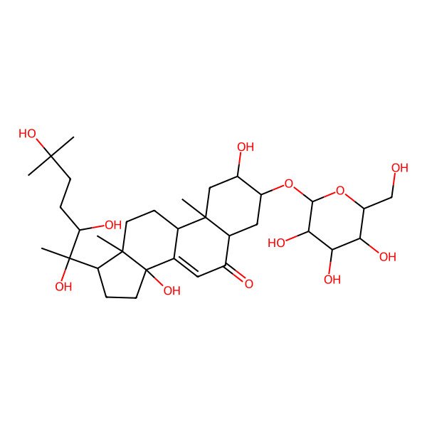 2D Structure of (2S,3R,5R,9R,10R,13R,14S,17S)-2,14-dihydroxy-10,13-dimethyl-3-[(2S,3R,4S,5R,6R)-3,4,5-trihydroxy-6-(hydroxymethyl)oxan-2-yl]oxy-17-[(2R,3R)-2,3,6-trihydroxy-6-methylheptan-2-yl]-2,3,4,5,9,11,12,15,16,17-decahydro-1H-cyclopenta[a]phenanthren-6-one