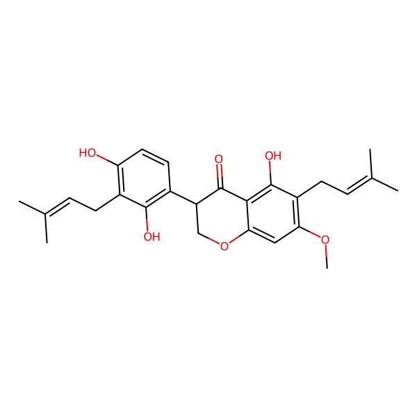 2D Structure of (3S)-3-[2,4-Dihydroxy-3-(3-methyl-2-buten-1-yl)phenyl]-2,3-dihydro-5-hydroxy-7-methoxy-6-(3-methyl-2-buten-1-yl)-4H-1-benzopyran-4-one