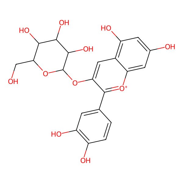 2D Structure of (2R,3S,4R,5R,6S)-2-[2-(3,4-dihydroxyphenyl)-5,7-dihydroxychromenylium-3-yl]oxy-6-(hydroxymethyl)oxane-3,4,5-triol