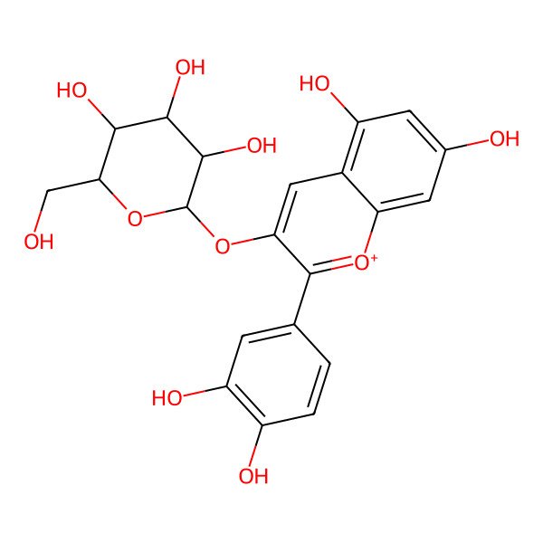 2D Structure of (2R,3S,4R,5R,6S)-2-[2-(3,4-dihydroxyphenyl)-5,7-dihydroxychromenylium-3-yl]oxy-6-(hydroxymethyl)oxane-3,4,5-triol