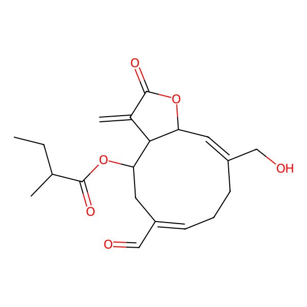 2D Structure of [(3aR,4S,6E,10Z,11aR)-6-formyl-10-(hydroxymethyl)-3-methylidene-2-oxo-3a,4,5,8,9,11a-hexahydrocyclodeca[b]furan-4-yl] (2R)-2-methylbutanoate